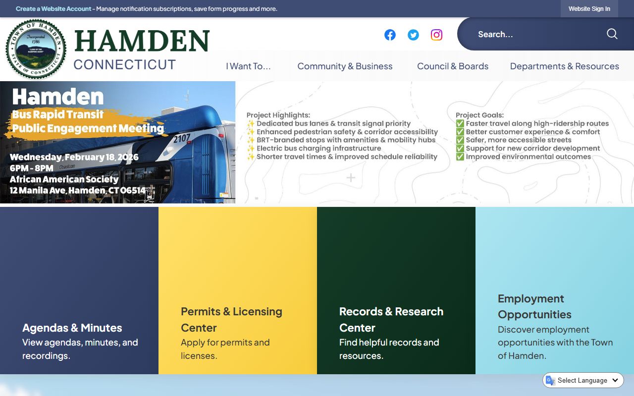 Hamden town website with local resources and contact information for residents seeking bankruptcy records