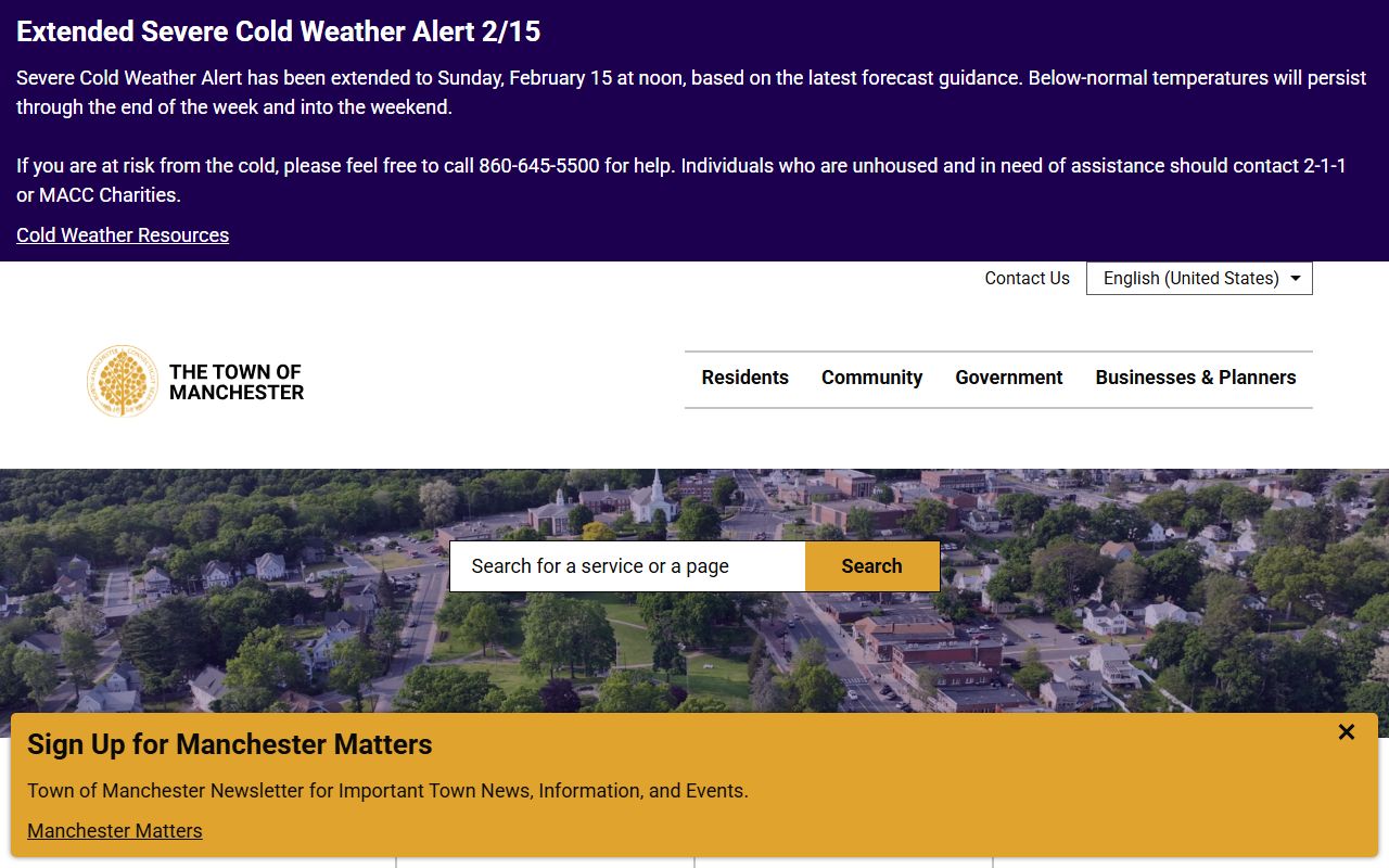 Town of Manchester official website showing local government services
