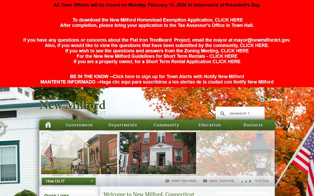 New Milford town official website showing local resources and services