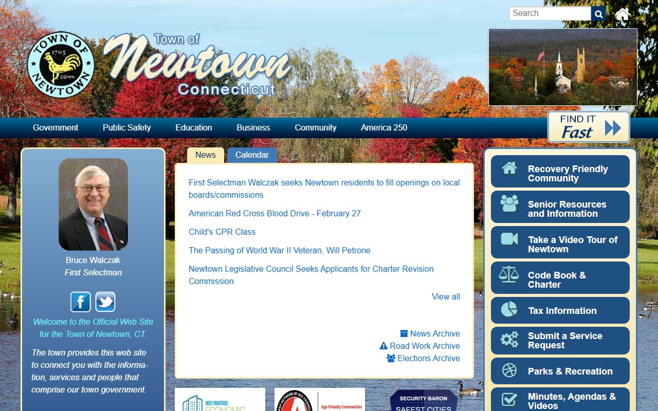 Town of Newtown official website with local government services and community resources