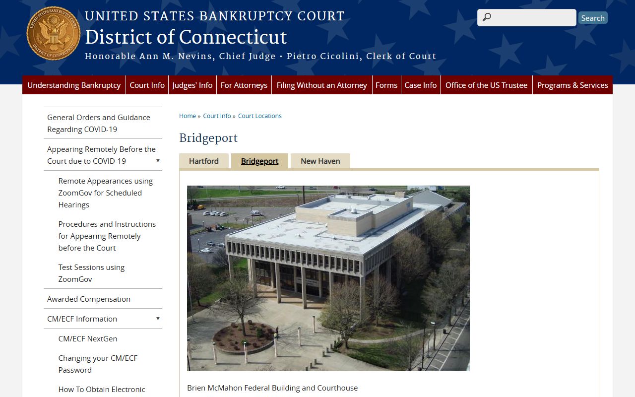 Bridgeport Division location page showing address, contact information, and directions for the federal bankruptcy court serving Fairfield County