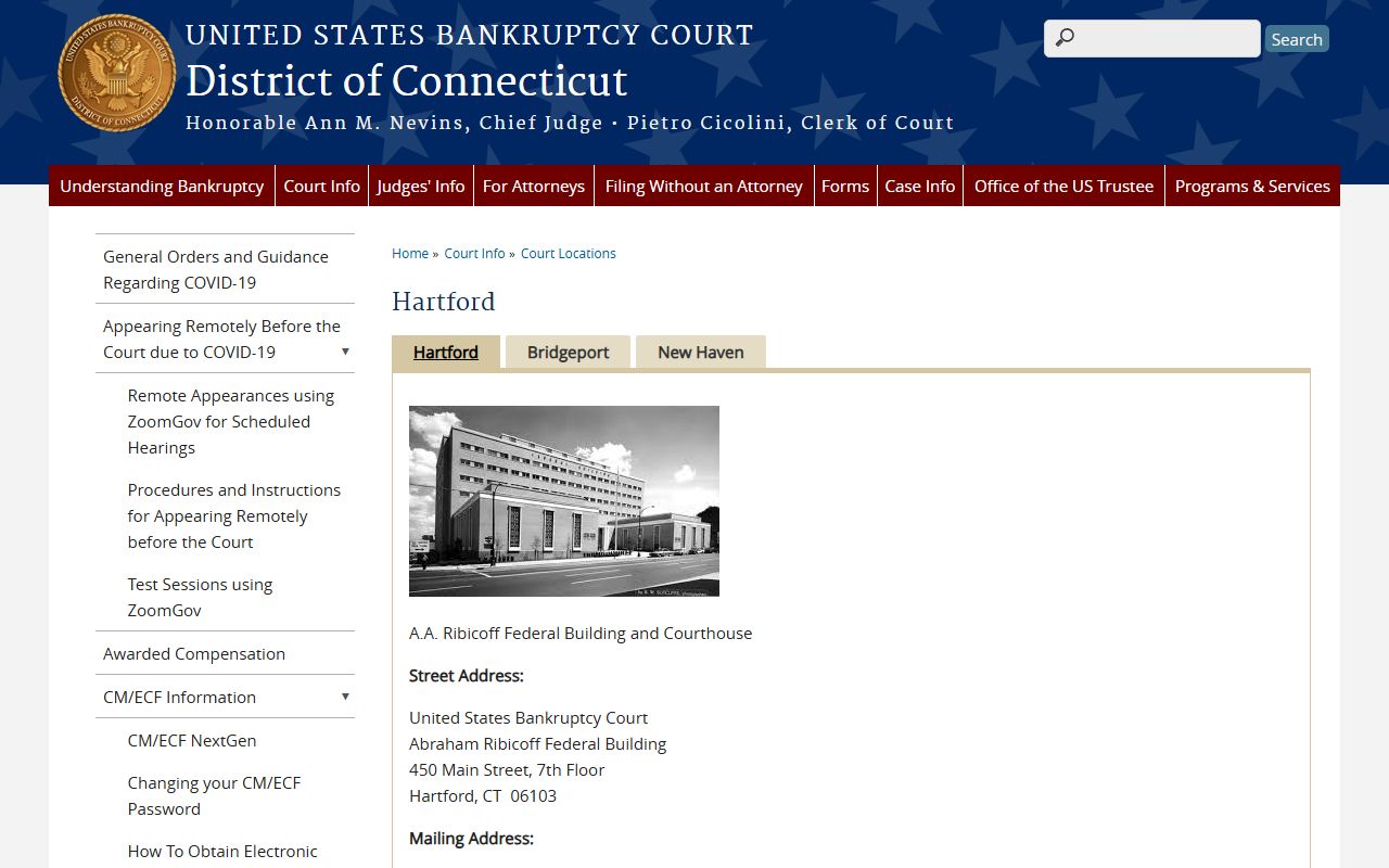 Hartford Division location page showing address, contact information, and directions for the bankruptcy court