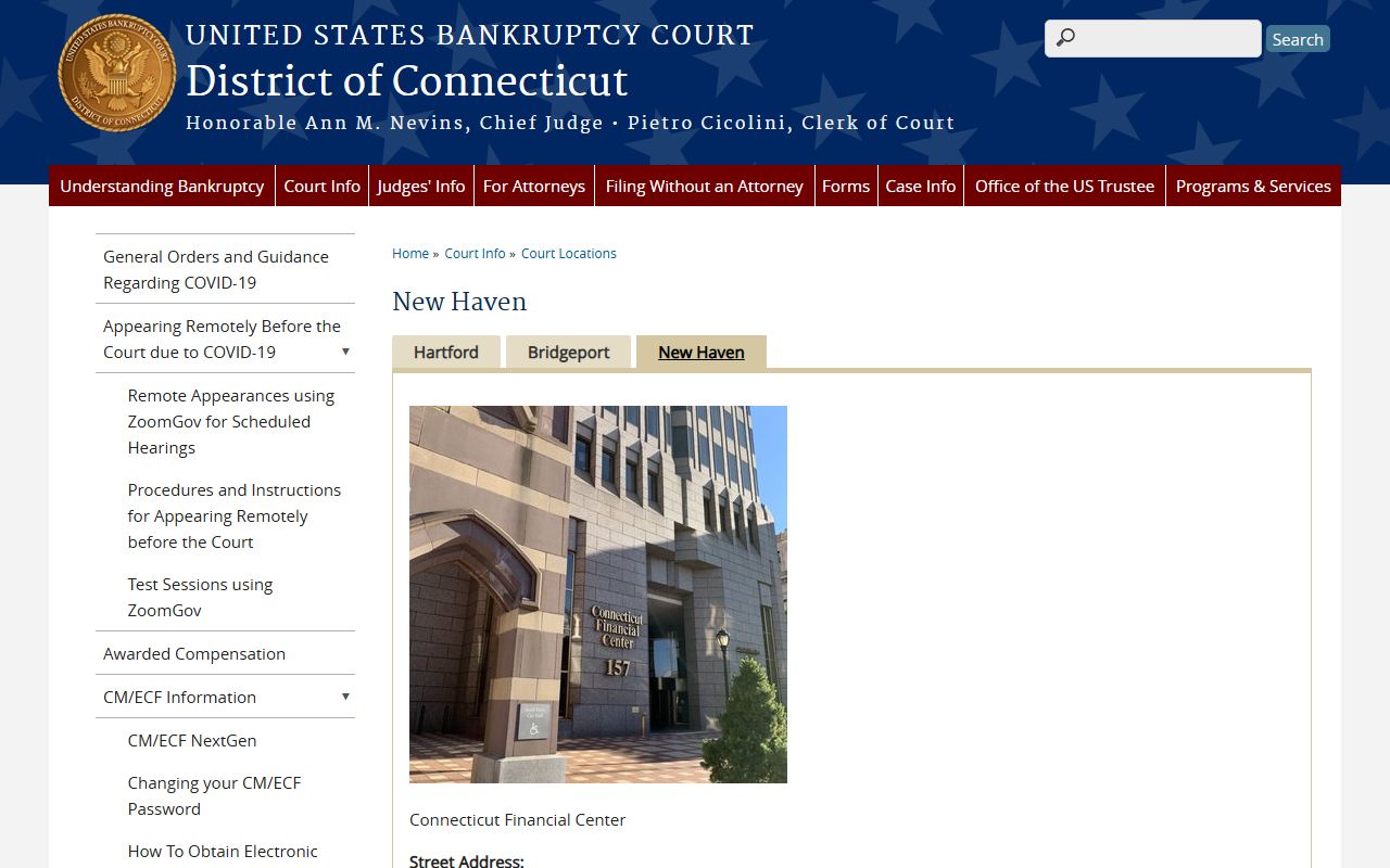 New Haven Division courthouse location page showing address contact information and office hours