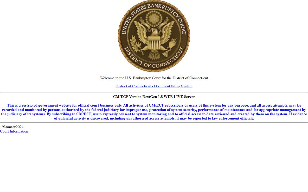 CM/ECF electronic filing system login page for Connecticut bankruptcy court documents