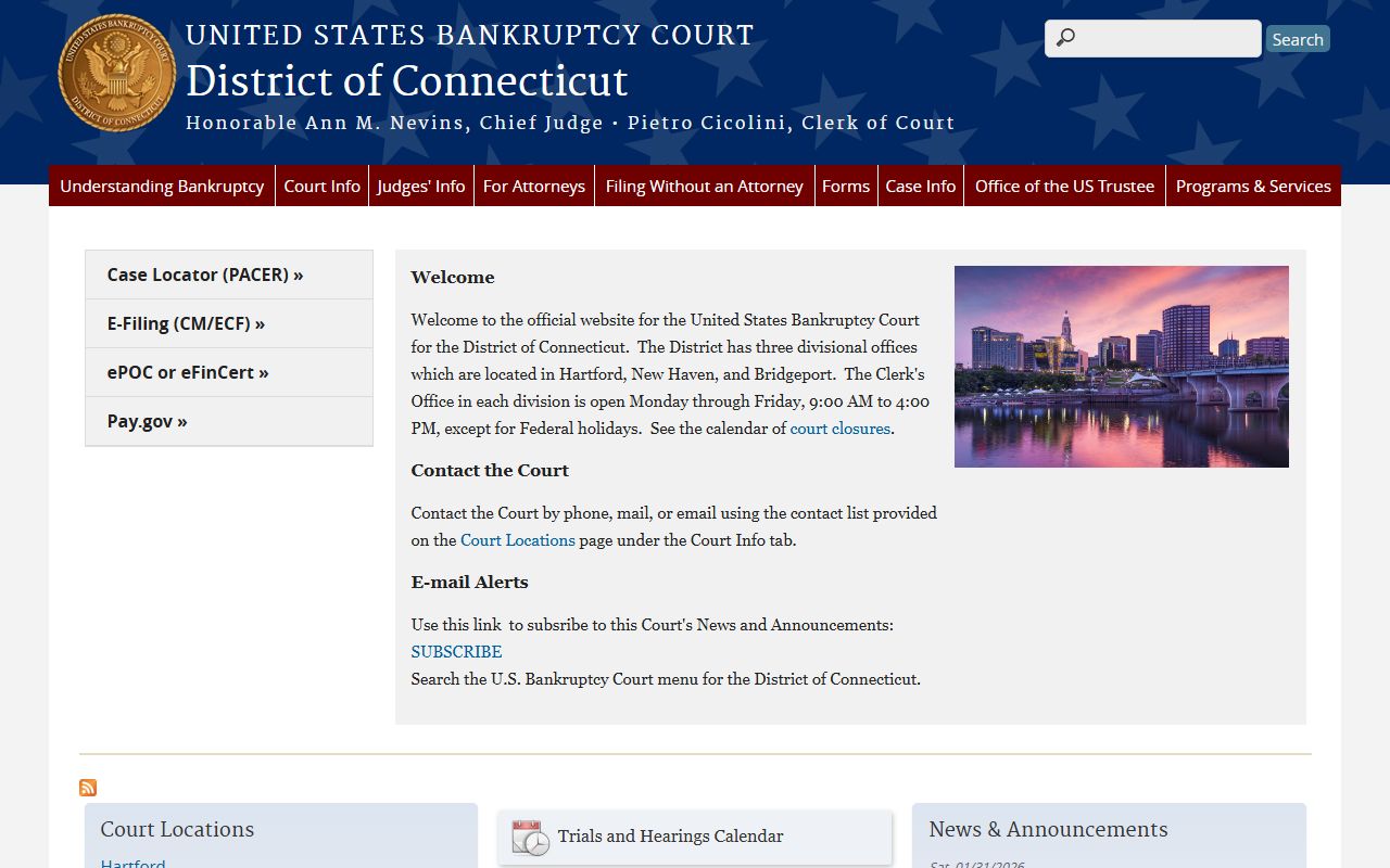 United States Bankruptcy Court for the District of Connecticut homepage showing court information and record access options
