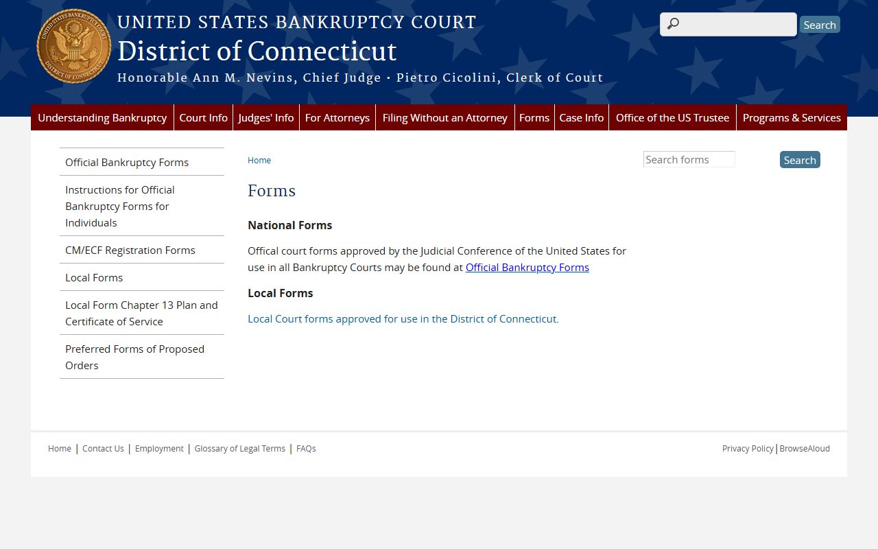 Official bankruptcy forms page showing required documentation for Connecticut bankruptcy filings